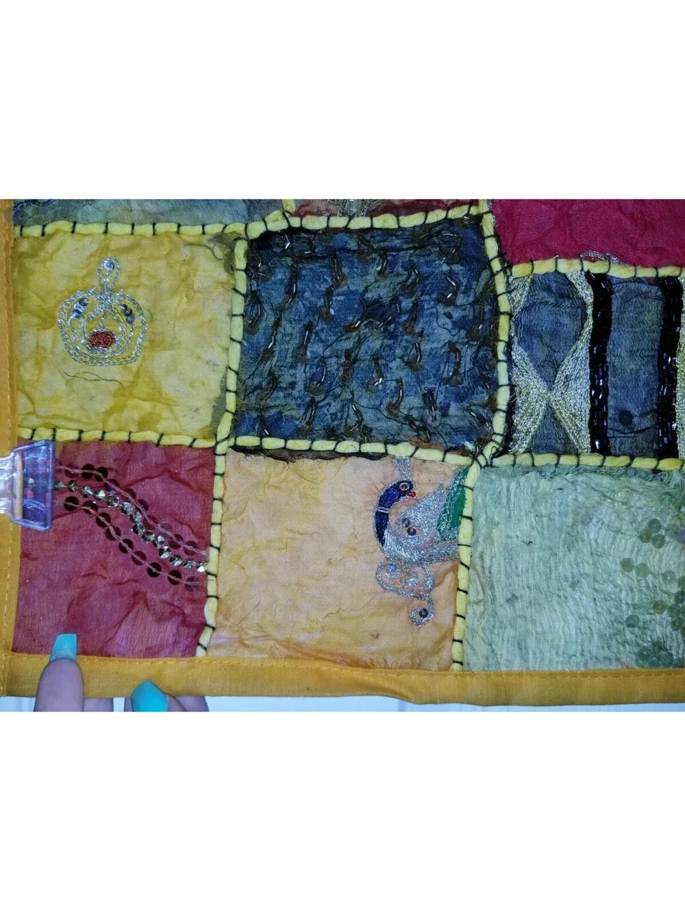 HAND BEADED EMBELLISHED INDIA WALL ART TAPESTRY PATCHWORK SQUARE 16